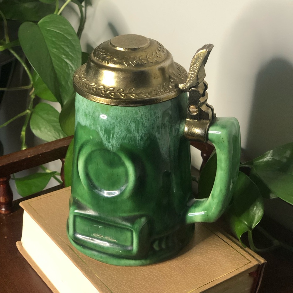 Green Drip Glaze Ceramic Beer Stein with Metal Lid & East York Trophies Label
